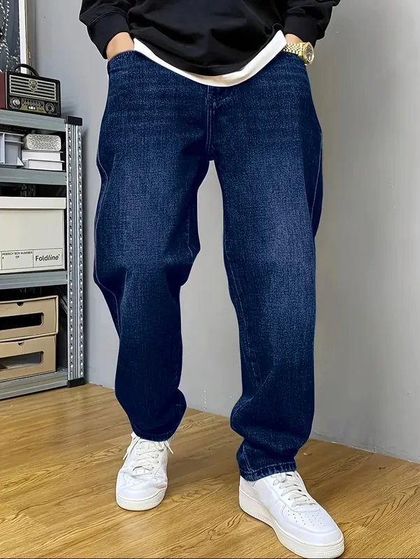 Men's Stretch Straight Jeans Plus Size Loose Fit Denim Trousers For Big Belly Guys Casual Long Pants Big Sizes To 50