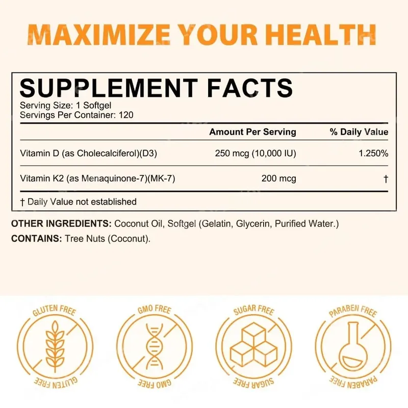 Acentiallabs Premium Vitamin D3 K2 Softgels kosttilskud Kokosolie Vitamin D3 AK2 bløde kapsler til immunstøtte til voksne