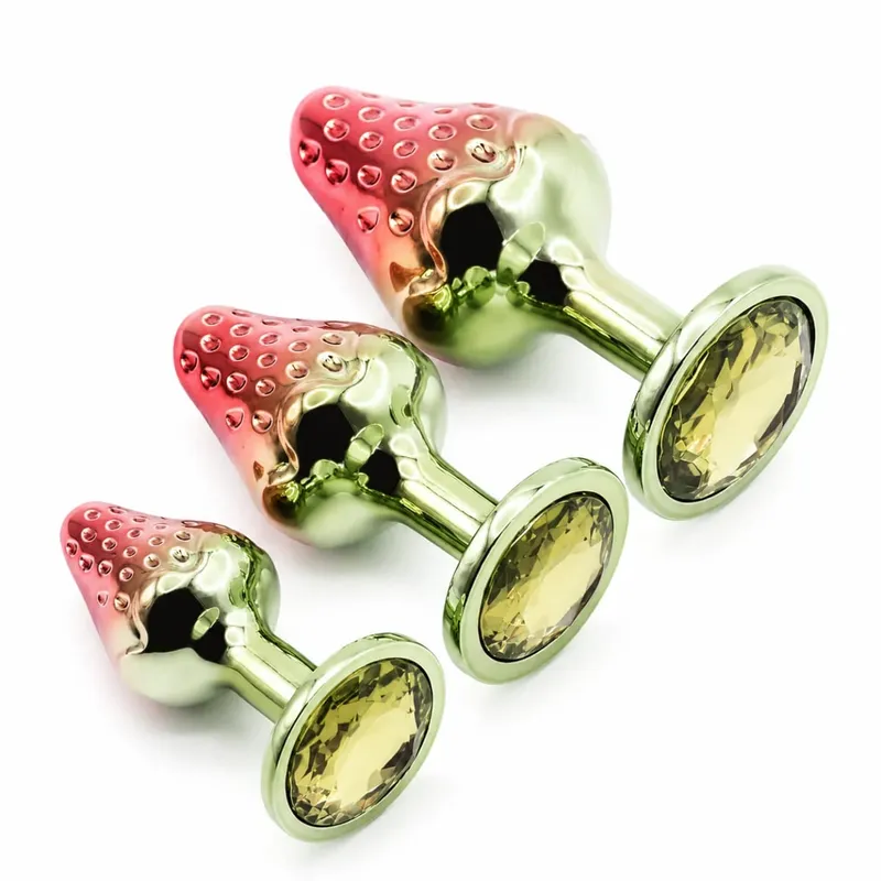 Metal Realistic Strawberry Anal Butt Plug Anal Trainer Adult Massager Sex Toy SM Anal Trainer Realistic Textures Green Base