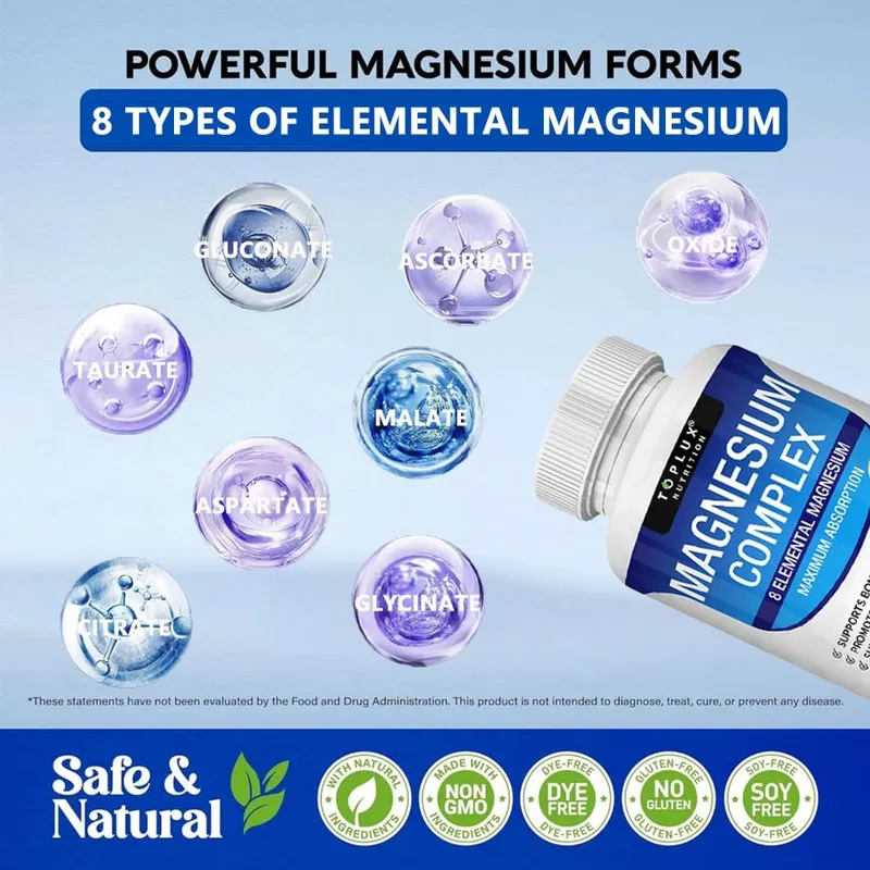 Magnesium Complex 1000mg 8 Elemental Magnesium Suplemen dengan Glycinate Citrate Oxide Aspartate Orotate Malate Taurate High Abs