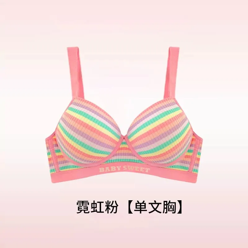 Stripe Women's Bra Set Gathered Anti-Sagging Small Chest Side Breast Reduction Underwear Cute Style Nylon