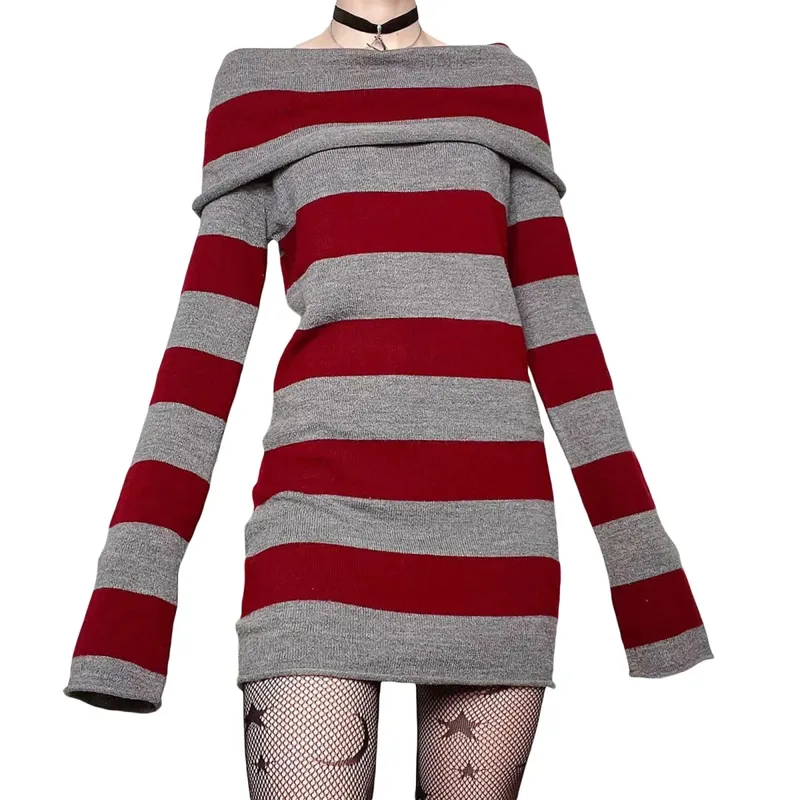 Women Mini Bodycon Dress Stripe Boat-Neck Long Sleeve Short Dress Spring Autumn Wrapped Hip Party Dress