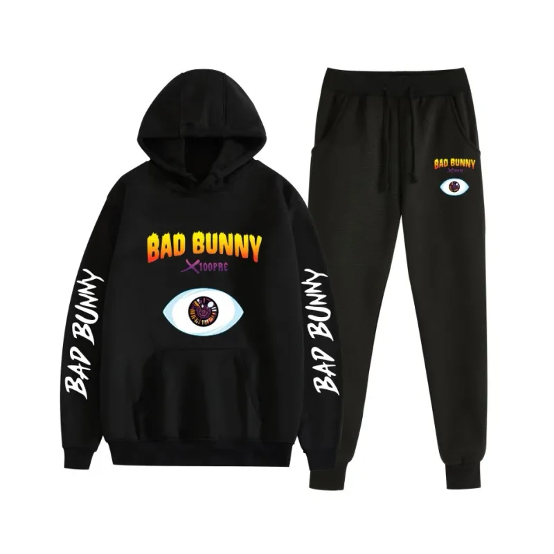 Harajuku Comfortable bad bunny Print Sweatshirt Sweatpants Suit Women's Hoodies+ Trousers Suit Boys/Girls 2 Piece Set Clothes