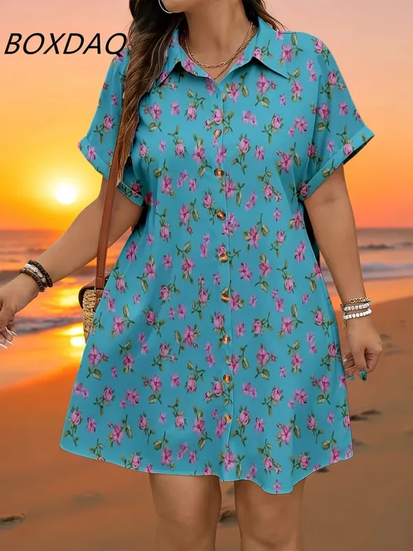 Short Sleeve Flower Pattern Fashion Women Mini Dresses Summer 3D Printed Street Elegant Casual Ladies Shirt Dress Plus Size 3XL — image 5