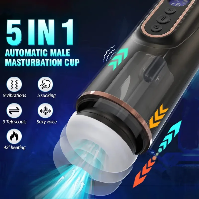 Automatický teleskopický sací mužský masturbátor Vibrační Inteligentní vyhřívání Sexy Voice Sluchátko do kapsy Pussy sexuální hračka pro muže