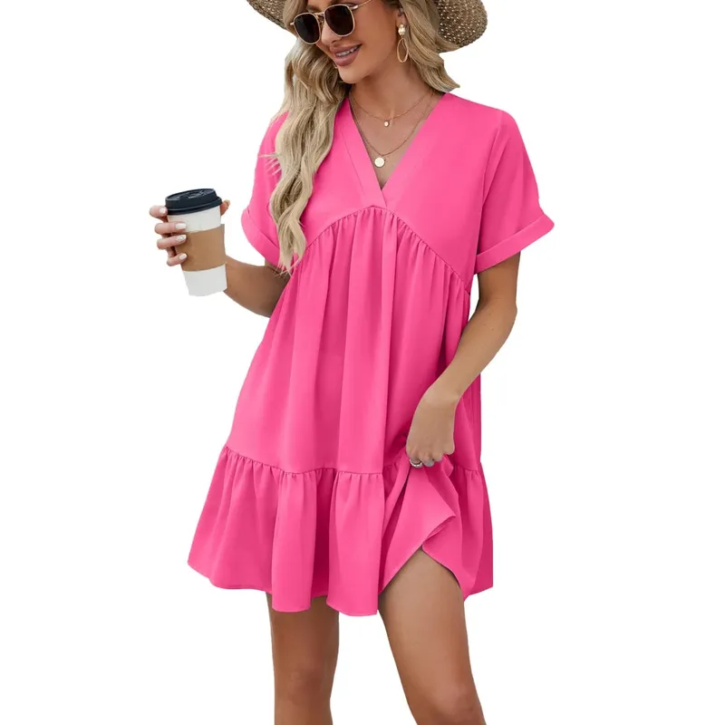 Summer White Dress V Neck Short Sleeve Loose Fit Dresses Pleated Midi A Line Pastel Pink Women's Casual Summer Woman Clothing — image 2