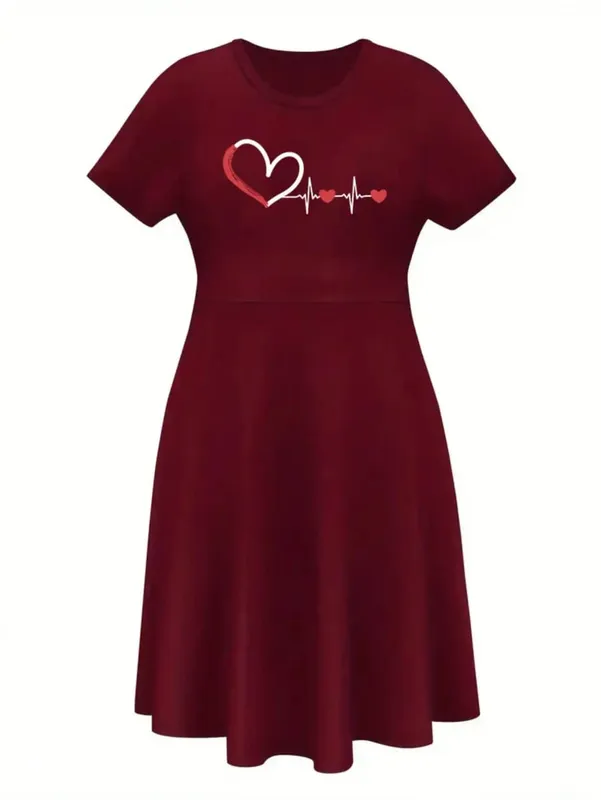 2026 Women's Four Seasons Love at First Sight Heartbeat Printed Casual Loose Black Short Sleeved Large Short Skirt Dress