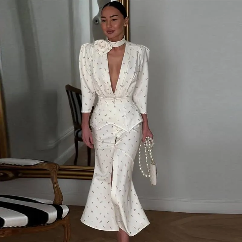 Elegant Women's Printed Waistband Long Dress 3D Flower V-neck Bubble Sleeve Patchwork A-line Dresses 2026 Spring Party Robe