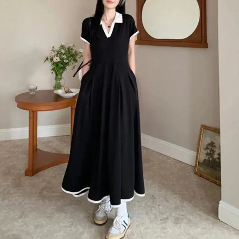 Women Autumn Midi Dress Fashion Patchwork V-Neck Short Sleeve Black Long Skirt High Waist A-Line Dress Sports Ankle-length Dress