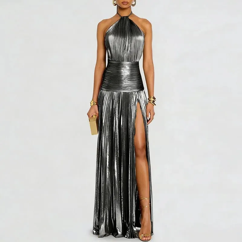 ทองเซ็กซี่ Halter สูงแยกชุดราตรีผู้หญิง Chic Solid Hollow จีบยาวชุดฤดูใบไม้ผลิฤดูร้อน Backless Zip Maxi ชุด