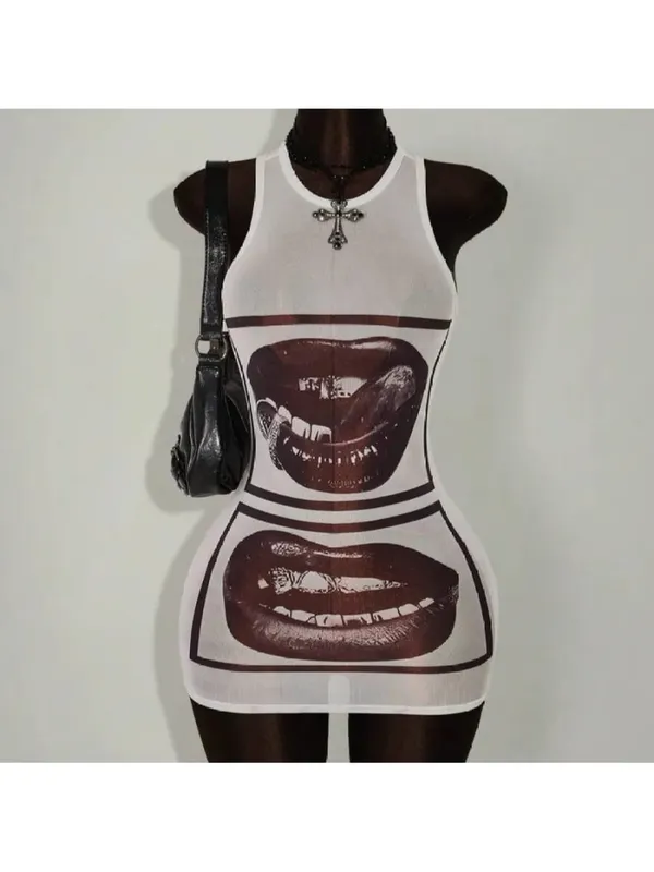 2026 New y2k Summer Lips Printed Sleeveless Bag Hip Round Neck Sleeveless Dress Punk Street Trend Fashion Personality Spicy Girl