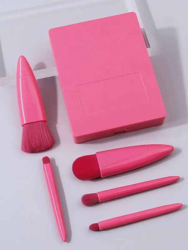 Sada 5 ks cestovních štětců na make-up Mini štětce na make-up Malé kompletní sada kosmetických štětců s pouzdrem a zrcátkem