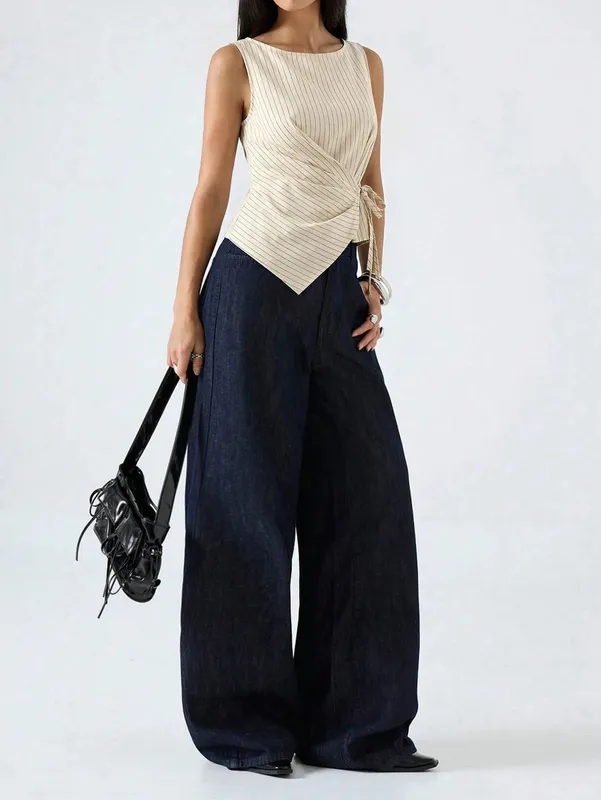 Women's Elegant Stripe Printing Slim Fit Side Tie-Strap Pleating Sleeveless Top Casual Asymmetry Hem Boat Tank Top Summer 2026 — image 5