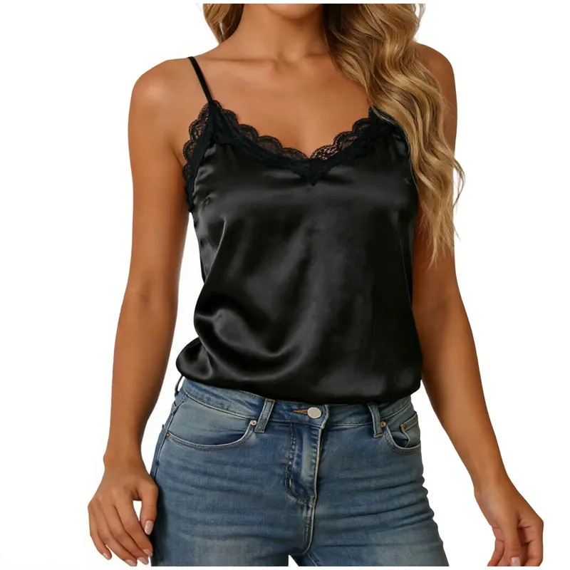 Summer Women Satin Tank Tops Lace Trim Patchwork Silky Comfortable Sleeveless Camis Elegant V-Neck Backless Solid Sexy Tops