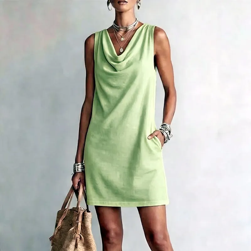 Women Casual Loose V-Neck Sleeveless Pocket Ruffles Dress Spring Summer Vest Tank Midi Dresses — image 1