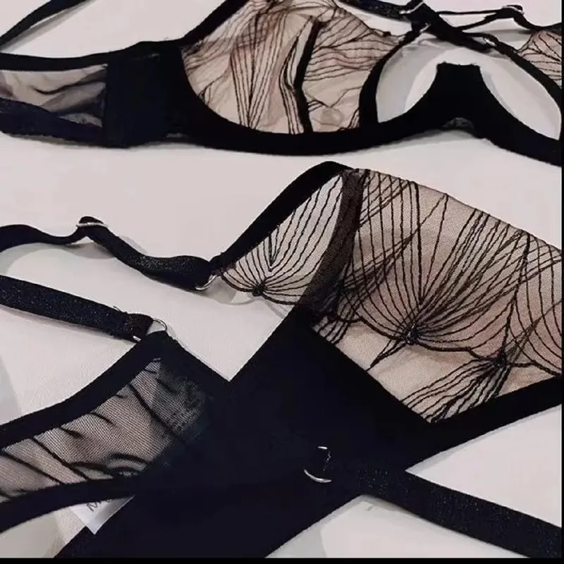 Women Lingerie Set Black Mesh Eyelash Romantic Steel Ring Push Up Underwear Sexy Lace Transparent Triangle Cup Bra and Panty Set — image 3