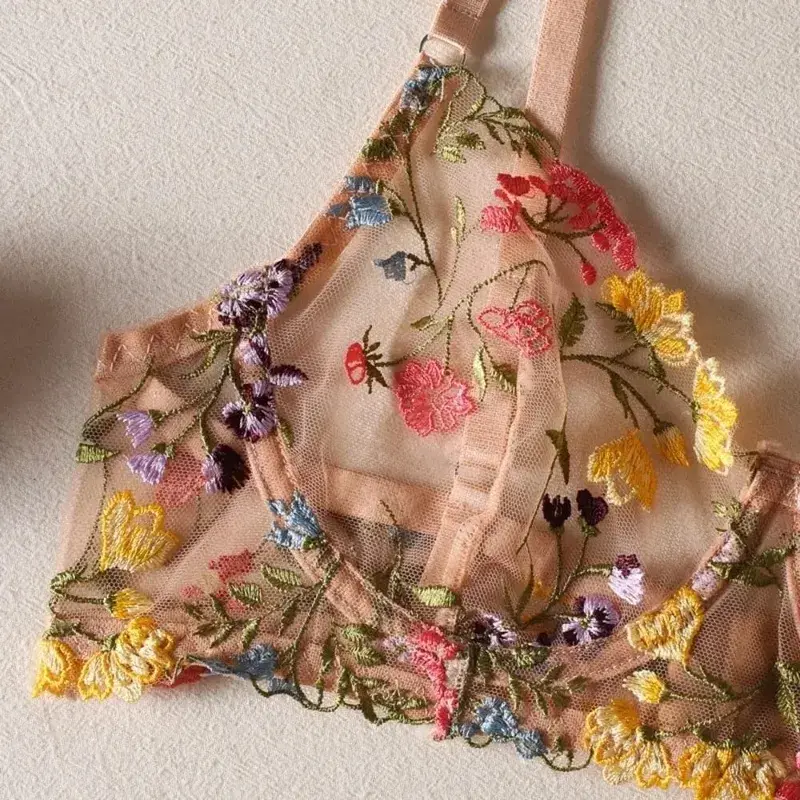 Sheer Intimates Transparent Lingerie Set Push Up Ultra-thin Panties Bra Set Elegant Embroidery Floral Underwear Girl