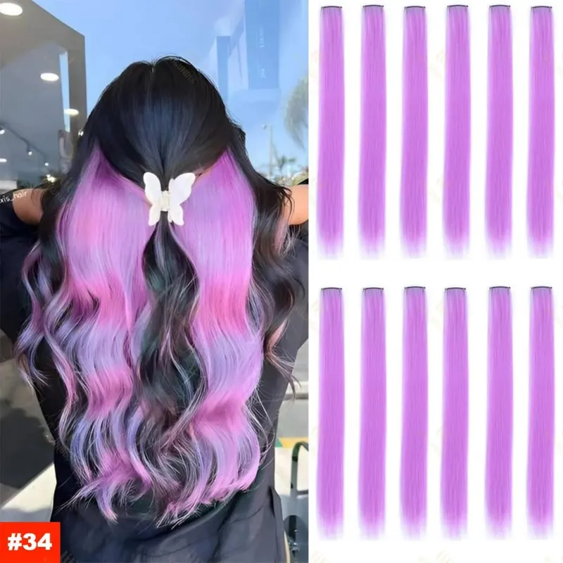 2026 Colored Highlight Hair Extensions 22 Inch Synthetic Rainbow Long Straight Hairpieces Purple Pink Blue for Women Girls Kids