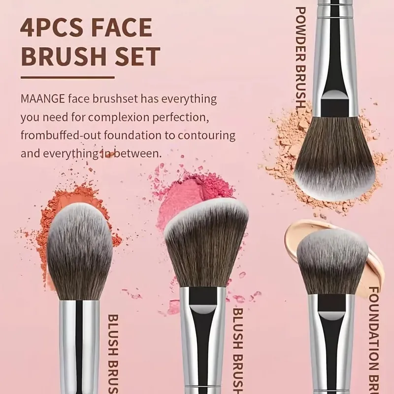 4pcs Makeup Brush Set Long Handle Makeup Brushes with Soft Fiber Portable Cosmetic Tools Includes Blush Brush Foundation Bru