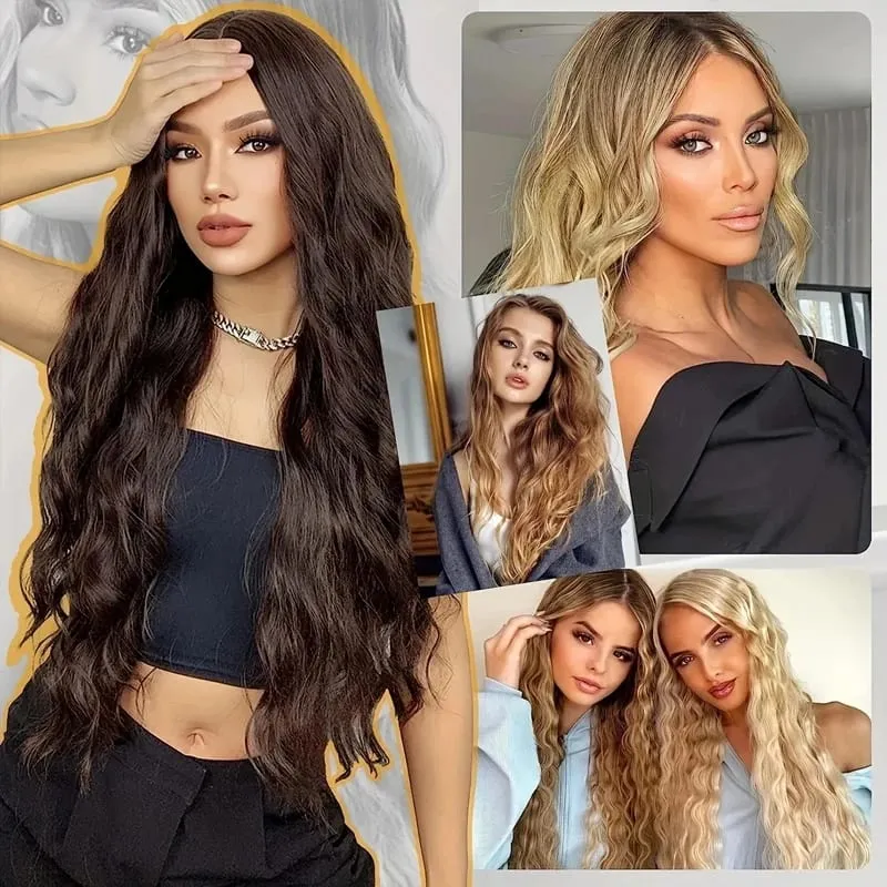 6PCS Clip In Hair Extensions 24" Black Brown Hair Extension Long Mermaid Waves Synthetic Clip On Hairpiece For Women