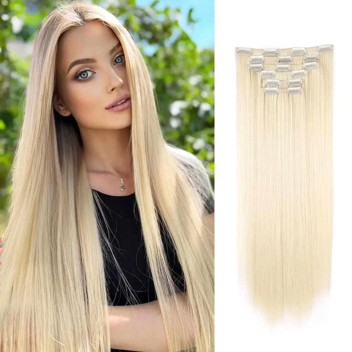 Synthetic Clip in Hair Extensions Clip in 6pcs set Straight Hair 22inch Thick Hairpieces for Women Girls Daily Party — image 17