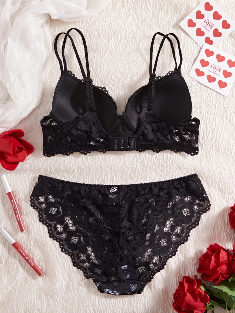 Single of Women's Underwear Set Sexy Floral Lace Push Up Bra Romantic Sheer Panties Comfort Lingerie Set