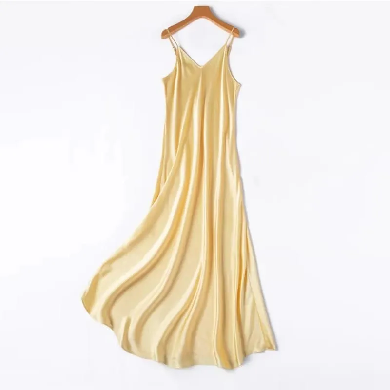 2026 Women's Fashion New 21MM 100% Natural Mulberry Silk Plain Satin Extended French Sexy Adjustable Shoulder Strap Solid Dress