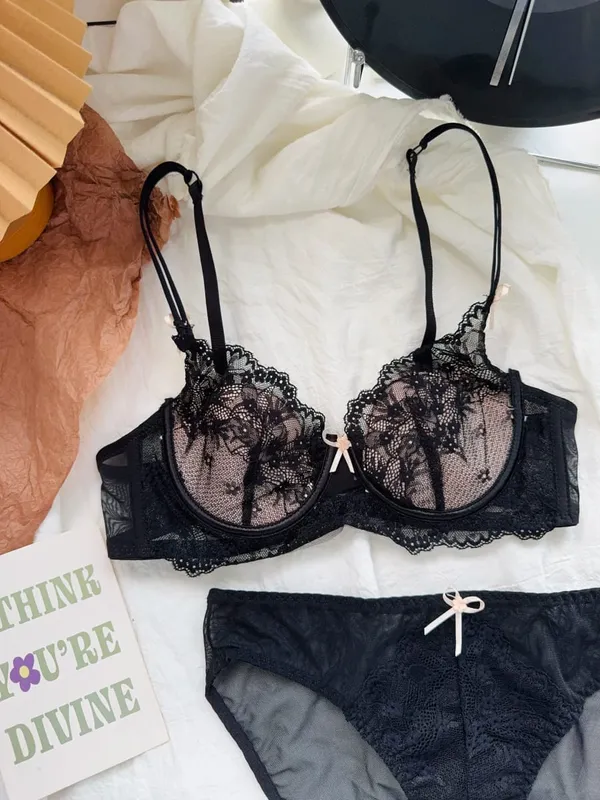 Sexy Black Lace Lingerie Set with Underwire Comfortable Lift for Larger Busts