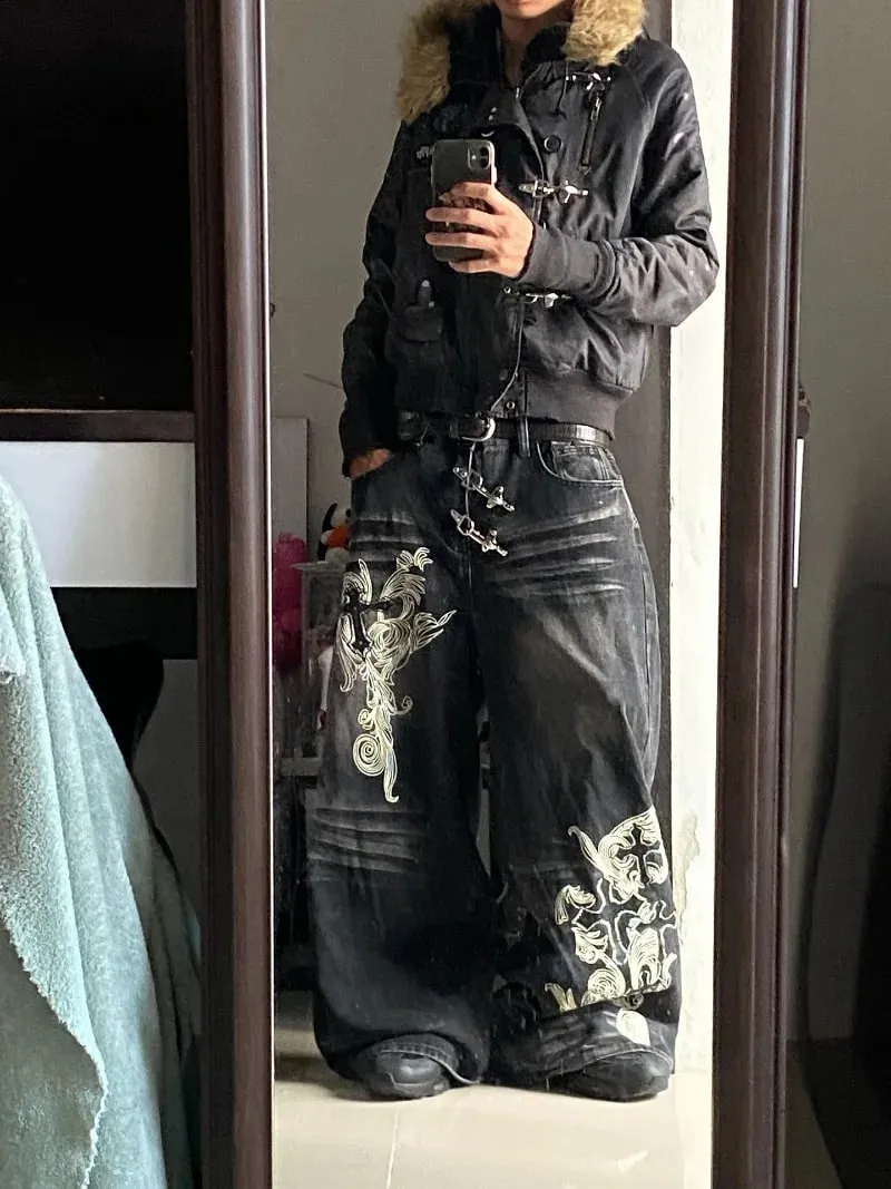American Vintage New Pattern Printing Black Baggy Jeans Men Y2K Gothic Harajuku Hip Hop Popular Casual Joker Wide-leg Pants — image 8