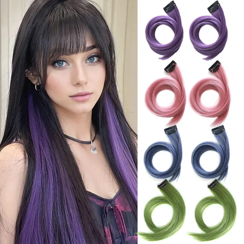 2PCS/SET Colored Party Highlights Clip in Hair Extensions 24inch Long Straight Hair Clips Hairpiece for Halloween Christmas Wear — image 2