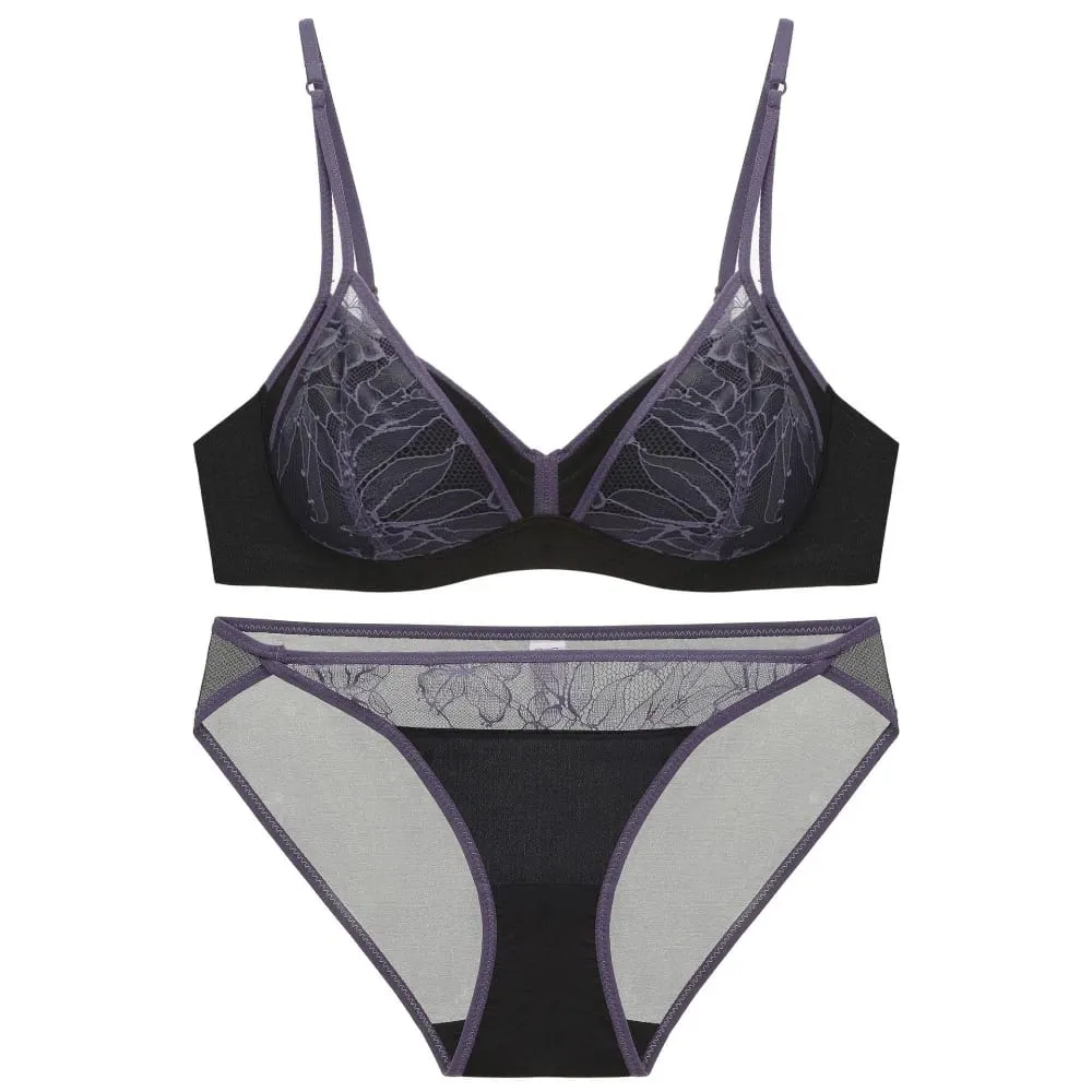 Women's Style Sexy Lingerie Set Thin Contrast Lace Patchwork Push-Up Wireless Bra with Double Shoulder Straps for Small Bust — image 2