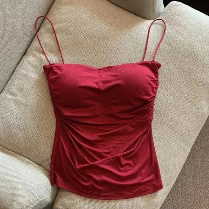 New-Sexy Solid Pleated Tank Camisole Women's Summer Spaghetti Strap Sleeveless Tops