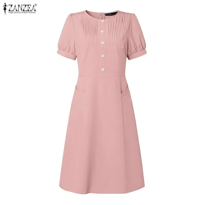 Summer Pleated Women Dress Fashion ZANZEA Solid Vestidos Short Sleeve Sundress OL Work Streetwear Party Knee Length Dresses