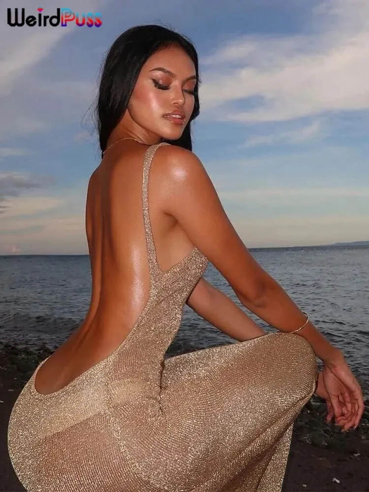แปลก Puss ดูผ่านชุดหญิง 2024 ฤดูร้อนบางแขนกุด Glitter แยก Coquette Backless Clubwear Beach เซ็กซี่ Vestidos