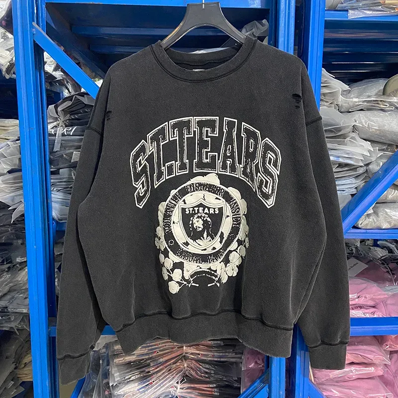 Autumn Winter Classic Overlapping Logo Print Saint Sweatshirts Men Women Couple Colorful Letters Graffiti Washed Black Pullovers