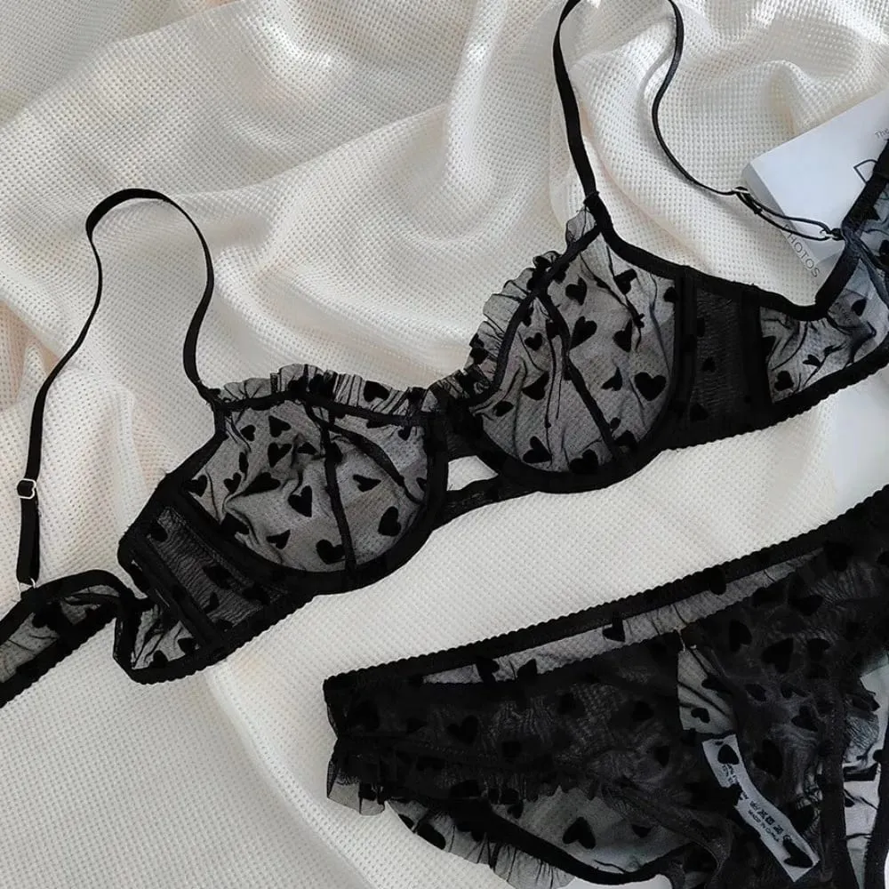 Women Heart Pattern Lace Underwire Bra Set Light Mesh Support Daily Intimates Lingerie Underwear Size 32‑38AB Women
