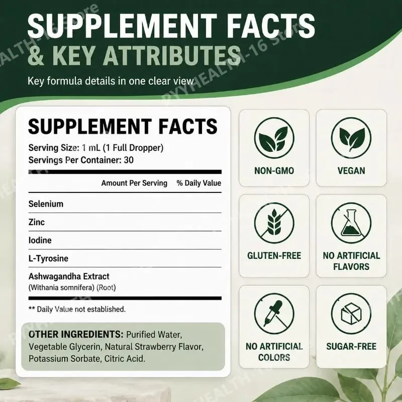 Thyroid Support Liquid Drops with Selenium Zinc Iodine L-Tyrosine & Ashwagandha for Thyroid Health and Daily Support Vegan 30ml
