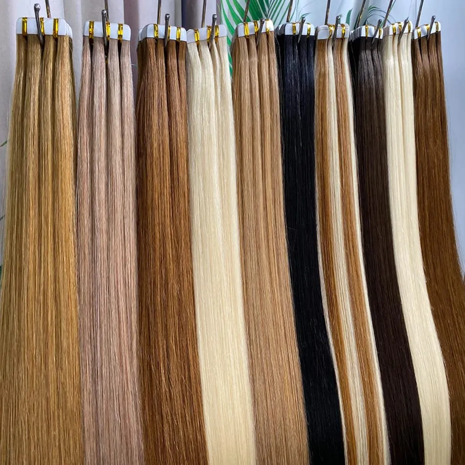 Tape-In Human Hair Extensions Different Colors Straight Hair 18-30 Inch Double Sided Adhesive Remy Hair