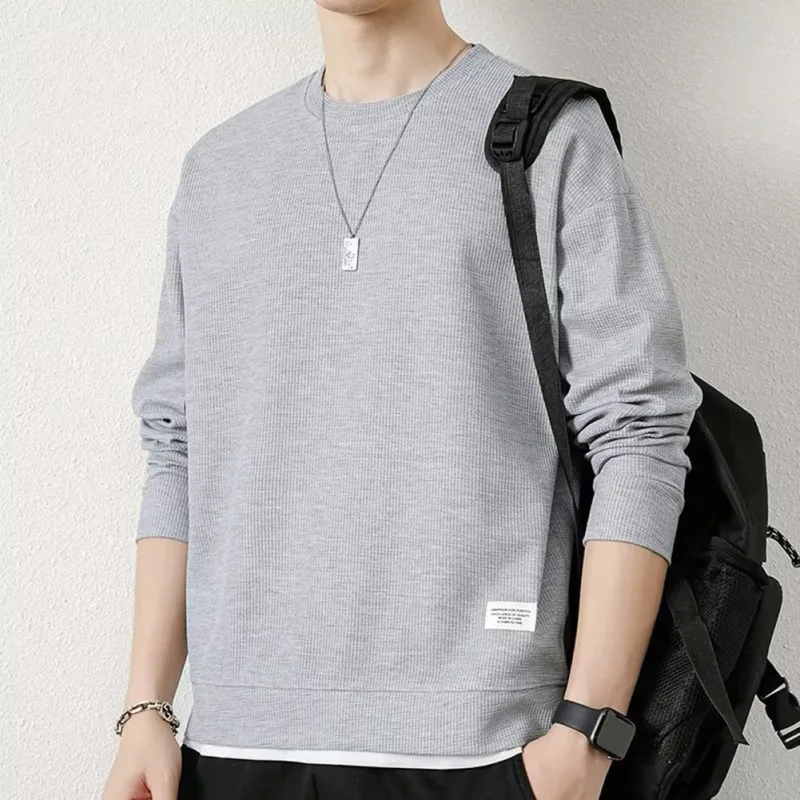 Loose for Fit Plaid Sweatshirt for Men with Long Sleeves Round Neck and Fake Two-Piece Visual Design for Everyday Use — image 24