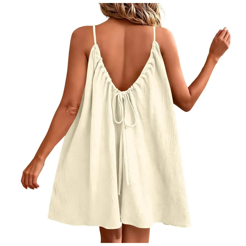 Summer Women's Cotton Linen Mini Dress 2026 New Bohemian Spaghetti Straps Dresses Backless Sundress Loose Holiday Party Robe