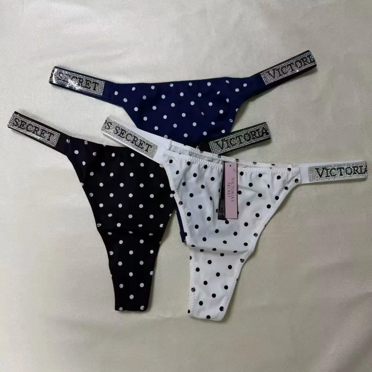 VS Underwear Thong Hipster Seamless Women Polka Dot Lace Bikini Cheeky Panties Set Victoria Secret Breathable Cotton Hipster