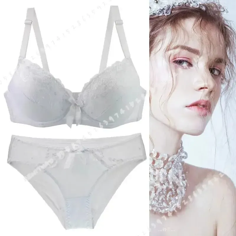 Women Push Up Bra Set Lace Thong Underwear Solid Bow Lingerie Plus Size 70-105 BCDE Cup Female Intimates