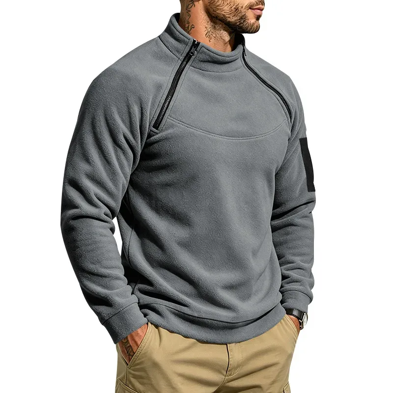 Men Fleece Stand Collar Sweatshirt Diagonal Zipper Arm Pocket Long Sleeve Loose Casual Pullover Autumn Winter Outdoor Tops — image 8