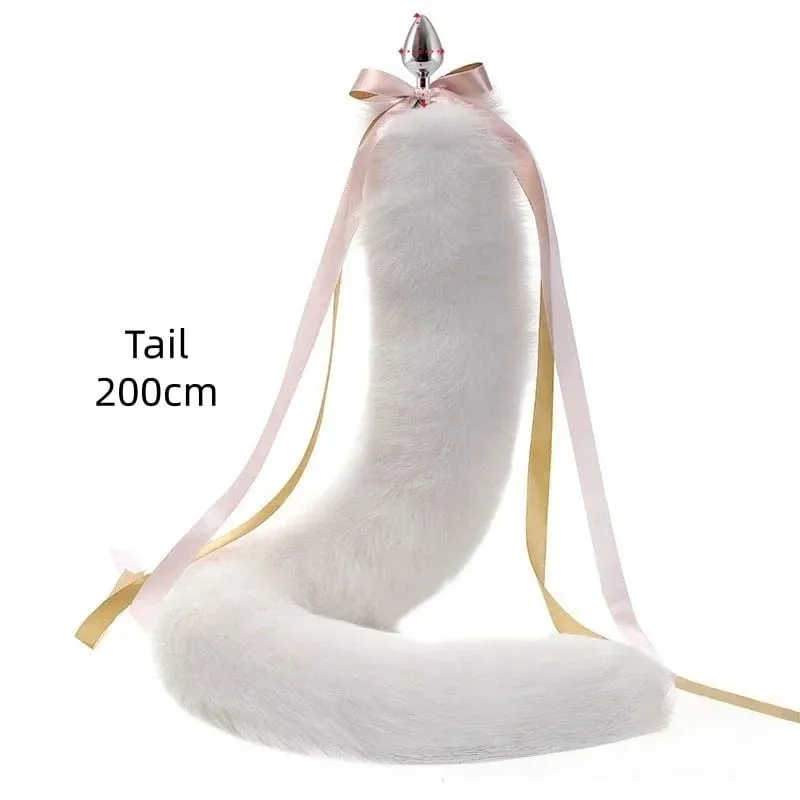 200cm Soft Real Fur Fox Tail Anal Plug with Split Design Metal Butt Plug for Women Cosplay Costume Flirt Sensory Sex Toys