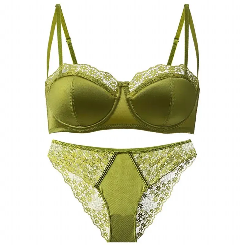 Women Half Cup Lace Bra Set Thin Underwire Minimizer Bra Sexy Push‑Up Anti‑Sag Side Support Hide Armpit Fat Lingerie