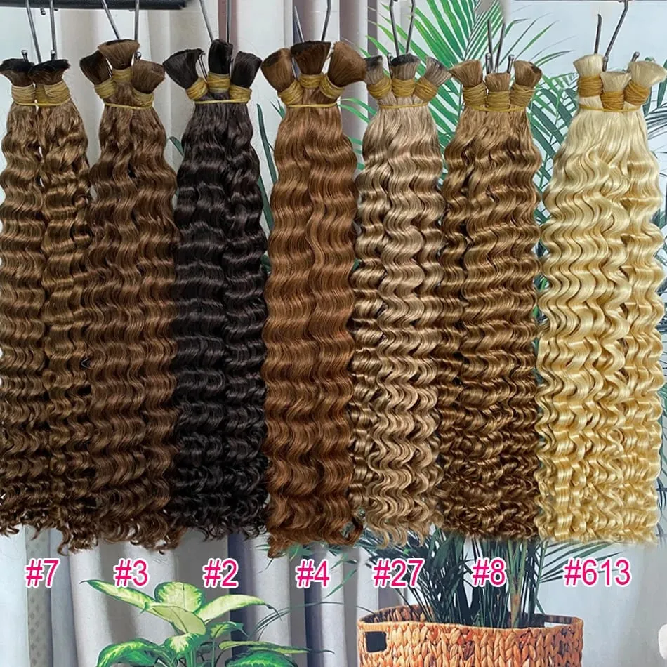 4# Chocolate Brown Deep Wave Bulk Human Hair for Boho Braids Curly Braiding Hair 18-30 inch Remy Hair Bundle Brazilian
