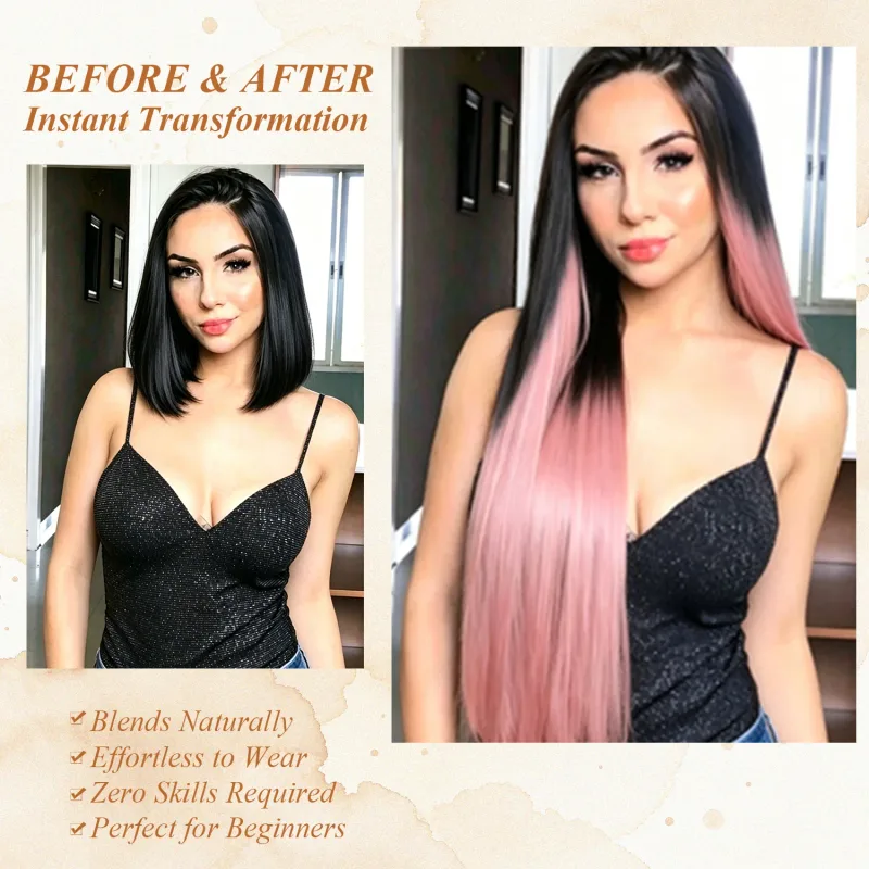 6Pcs 24 inch Ombre Color Clip-in Hair Extensions Long Synthetic Straight Hairpieces Layered Soft Invisible Clip Ins Extensions