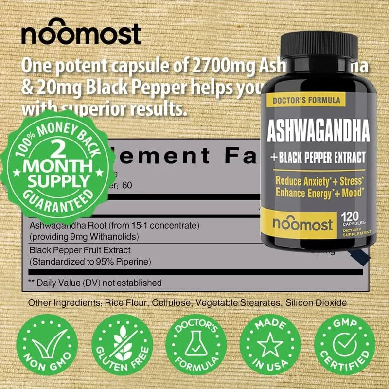 Cápsulas orgânicas de Ashwagandha promovem alívio antiestresse, suporte de humor natural e suporte de foco, suplemento de energia natural unissex