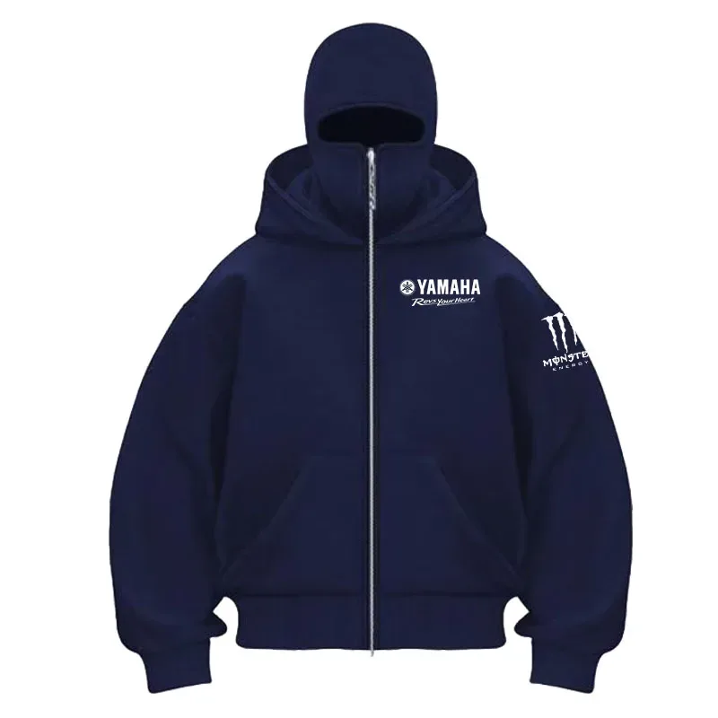 yamaha logo Naka-print na Cotton Cycling Mask Zipper Hoodie Lalaki at Babae Taglagas at Taglamig Bagong Estilo Fashion Casual Retro Cycling Jer