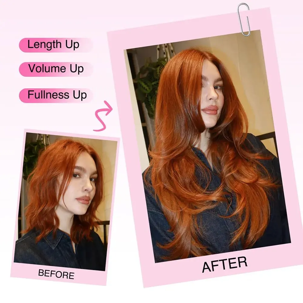 Copper Red Long Wavy Clip in Hair Extensions 20 Inch 4Pcs Double Weft Synthetic Hairpieces Full Head for Women Party Cosplay